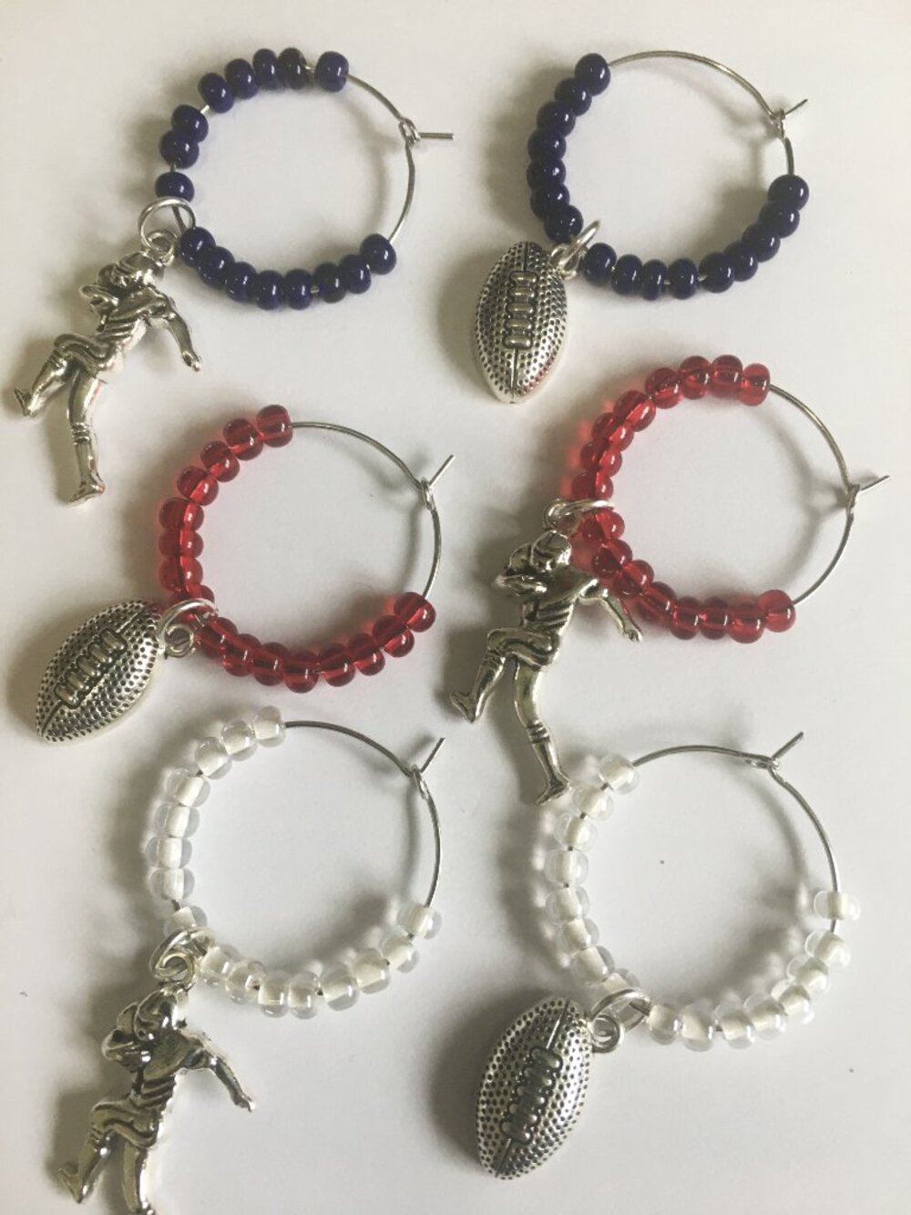 HandmadeFootball Drink Markers • Set of 6 • Red White Blue Beaded Wine Charms